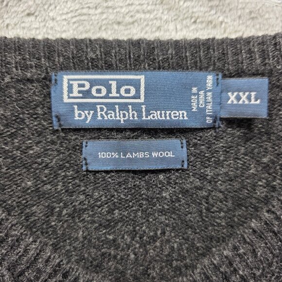 Polo Ralph Lauren Sweater Mens 2XL Gray Lambswool V Neck Pullover Pony Logo - Picture 3 of 8